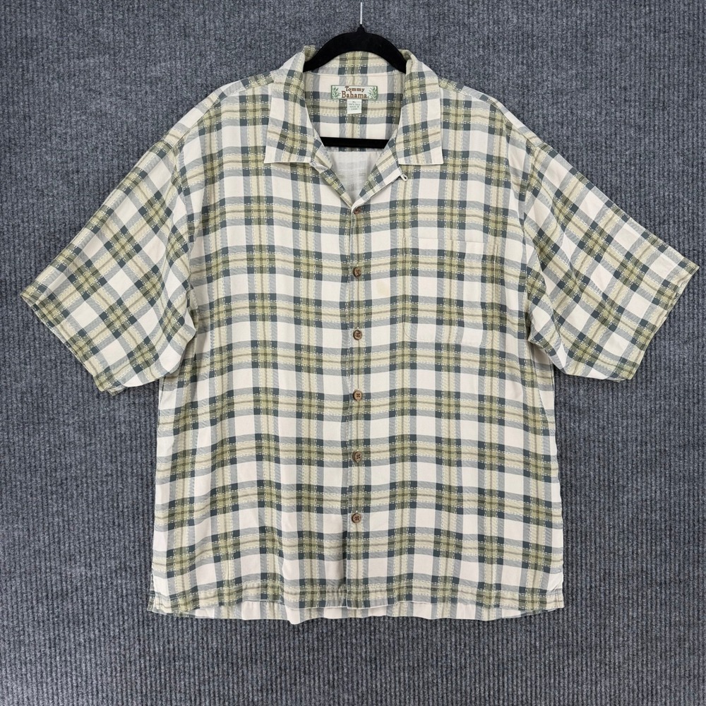 Vintage Tommy Bahama silk camp shirt green plaid loop collar button up mens XL